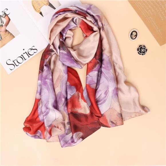 Silk Feeling Long Scarf Red Flower - Picture 2 of 7